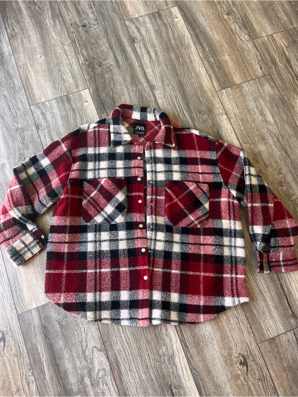 Zara Red, Black & White Plaid Sherpa Shacket - Picture 2 of 6